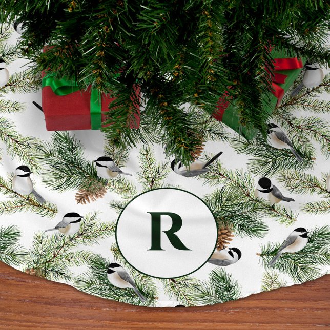 Monogram Pine Branches Chickadees Christmas Brushed Polyester Tree Skirt (Creator Uploaded)