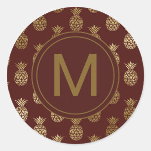 Monogram Pineapple Gold Burgundy Classic Round Sticker