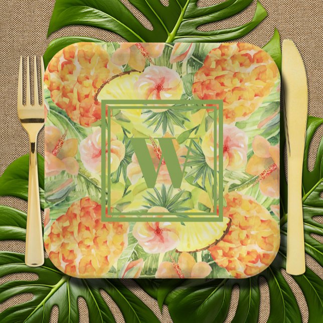 Monogram Pineapples Flowers Greenery Paper Plate (Monogram Pineapples Flowers Greenery Paper Plates)