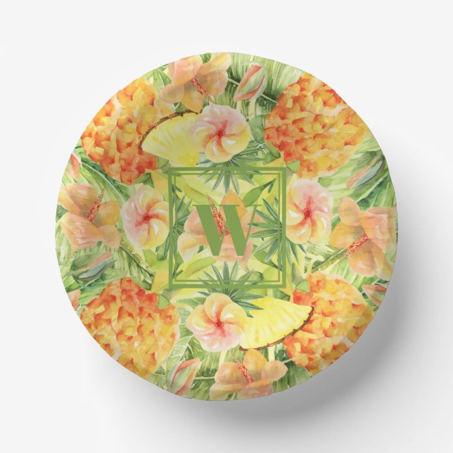 Monogram Pineapples Flowers Paper Plate (Front)