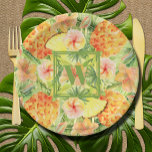 Monogram Pineapples Paper Plate<br><div class="desc">These paper plates feature your monogram upon watercolor pineapples,  tropical flowers and greenery on a soft pale green background. Fun for summer parties. MATCHING items in our store.</div>