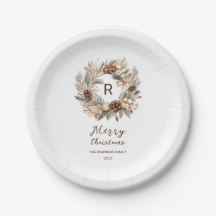 Monogram Pinecone Winter Wreath  Merry Christmas Paper Plate