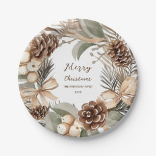Monogram Pinecone Winter Wreath  Merry Christmas Paper Plate