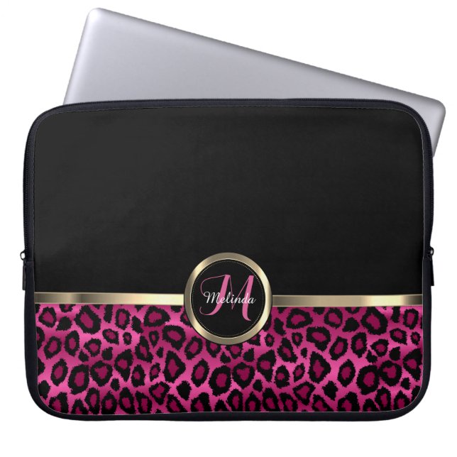Monogram Pink and Black Leopard with Gold Accents Laptop Sleeve (Front)