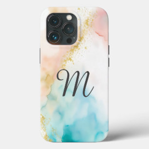 Monogram Pink and Blue Marbled With Faux Glitter iPhone 13 Pro Case