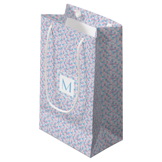 Monogram Pink and Blue Squares Small Gift Bag (Front Angled)