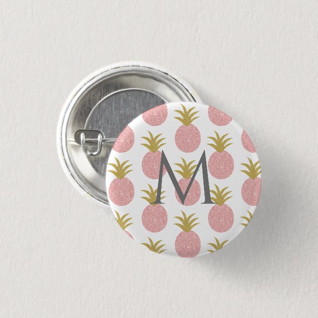 Monogram Pink and Gold Glitter Pineapple 3 Cm Round Badge (Front & Back)