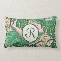 Monogram pink and green leaf pillow