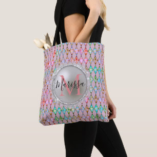 Monogram Pink and Green Pastels Harlequin Tote Bag