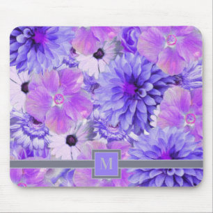 Monogram Pink and Purple Painted Floral Mouse Pad