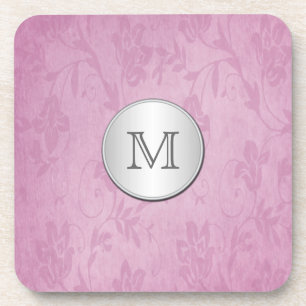 Monogram Pink and Silver Damask Coaster Set (6)