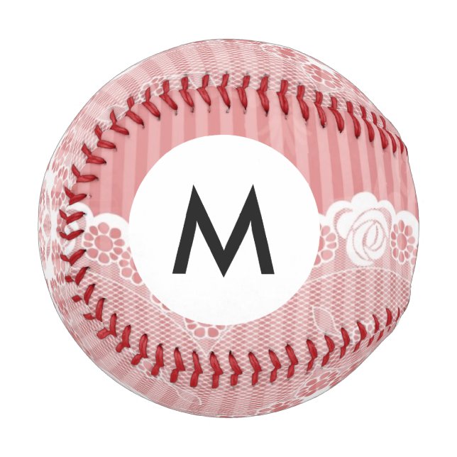 Monogram Pink and white background with black lace Baseball (Front Left)
