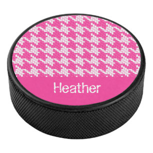 Monogram pink and white houndstooth pattern  hockey puck