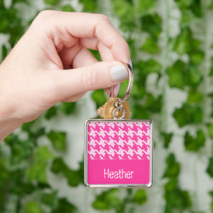 Monogram pink and white houndstooth pattern  key ring