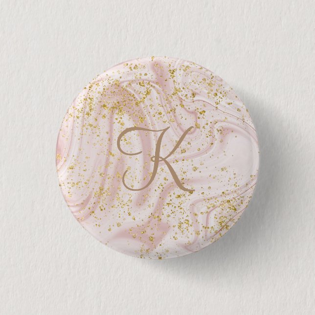 Monogram Pink and White Marble Swirl Gold Glitter 3 Cm Round Badge (Front)