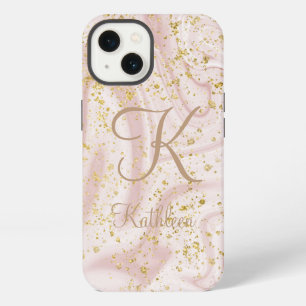 Monogram Pink and White Marble Swirl Gold Glitter iPhone 13 Case