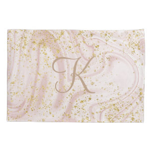 Monogram Pink and White Marble Swirl Gold Glitter Pillowcase