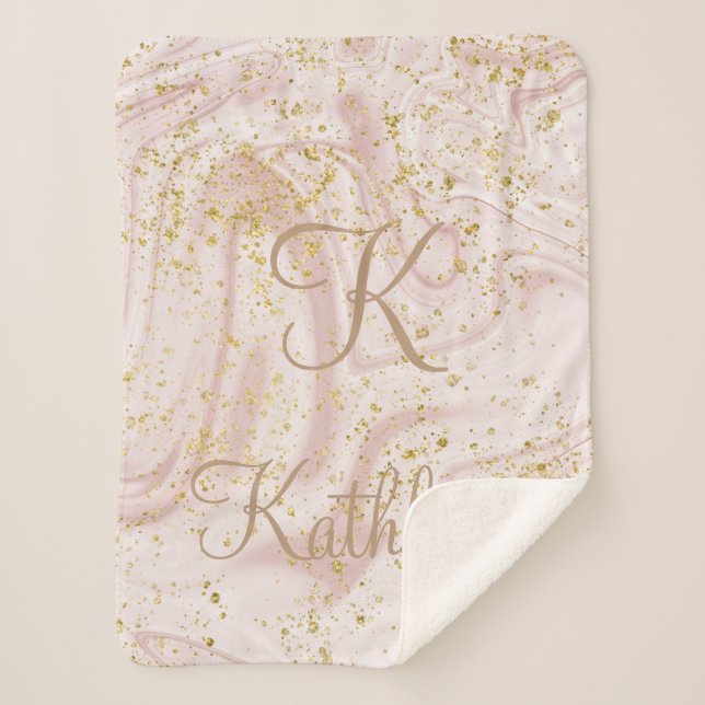 Monogram Pink and White Marble Swirl Gold Glitter  Sherpa Blanket (Front)