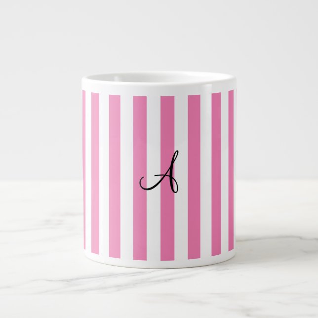 Monogram pink and white stripes large coffee mug (Front)