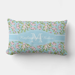Monogram Pink Apple Blossom on Blue Pattern Lumbar Cushion