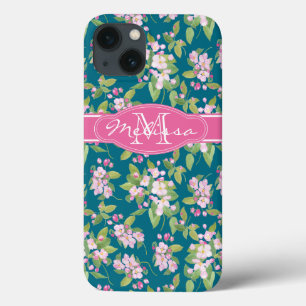 Monogram Pink Apple Blossom on Dark Blue iPhone 13 Case