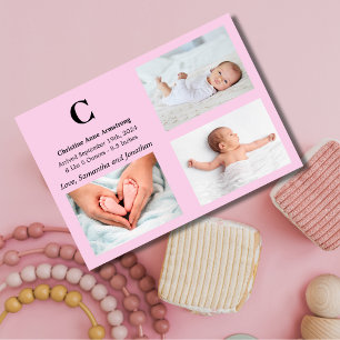 Monogram Pink Baby Girl Birth Announcement Card