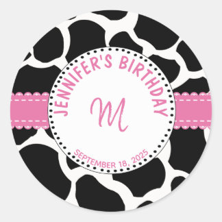 Monogram Pink Black Cow Print Birthday Name Classic Round Sticker