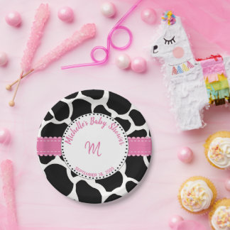 Monogram Pink Black Cow Print Name Paper Plate