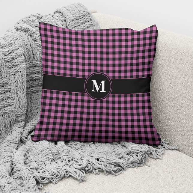 Monogram Pink Black Gingham Plaid Checked Pattern Cushion (Creator Uploaded)