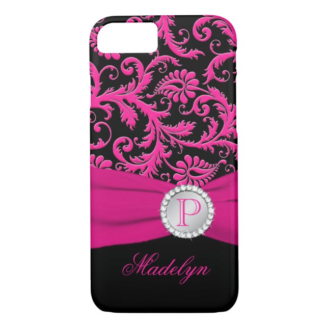 Monogram Pink Black Silver Damask iPhone 7 Case (Back)