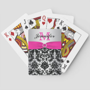 Monogram Pink Black Silver Damask Playing Cards