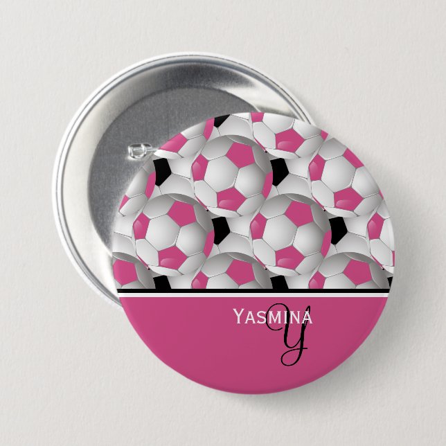 Monogram Pink Black Soccer Ball Pattern 7.5 Cm Round Badge (Front & Back)