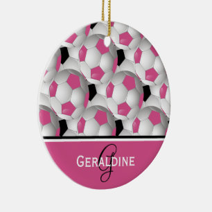 Monogram Pink Black Soccer Ball Pattern Ceramic Tree Decoration