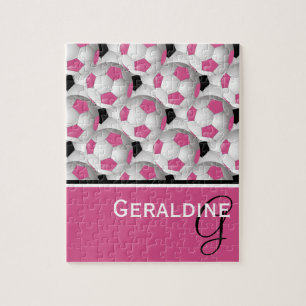 Monogram Pink Black Soccer Ball Pattern Jigsaw Puzzle