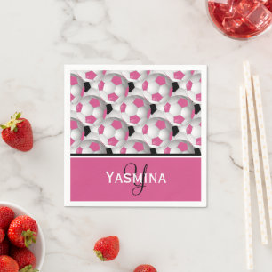 Monogram Pink Black Soccer Ball Pattern Napkin