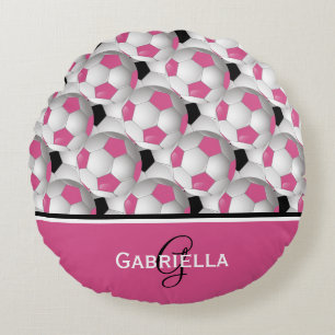 Monogram Pink Black Soccer Ball Pattern Round Cushion
