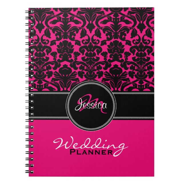 Monogram Pink Black White Damask Wedding Planner Spiral Notebook (Front)