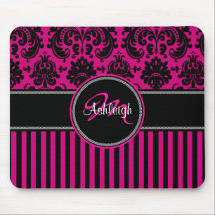 Monogram Pink Black White Stripe Damask Mousepad