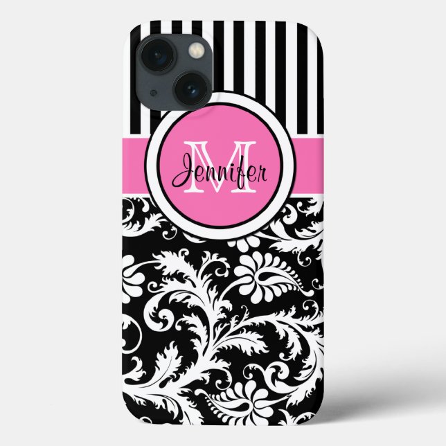 Monogram Pink, Black, White Striped Damask iPad Case-Mate iPhone Case (Back)