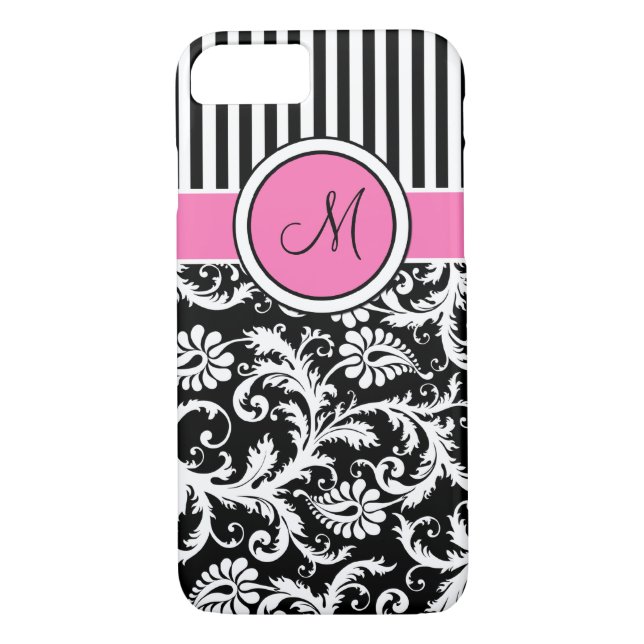 Monogram Pink Black White Striped Damask iPhone 7 Case-Mate iPhone Case (Back)
