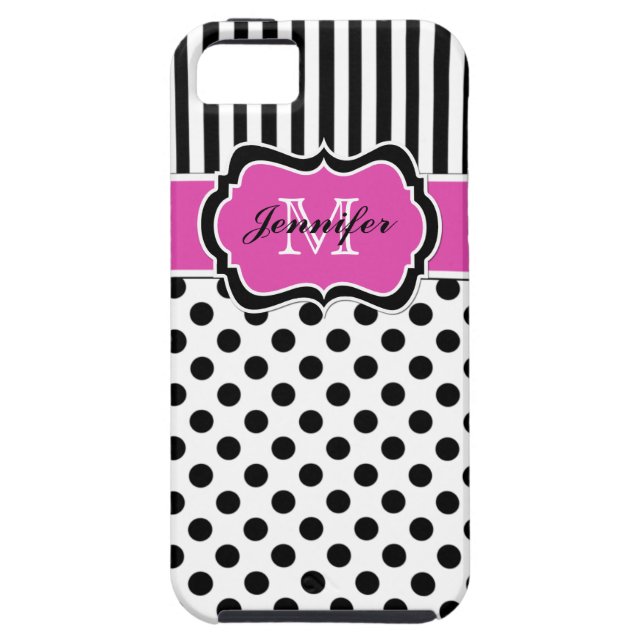 Monogram Pink Black White Striped Dots iPhone 5 Case-Mate iPhone Case (Back)