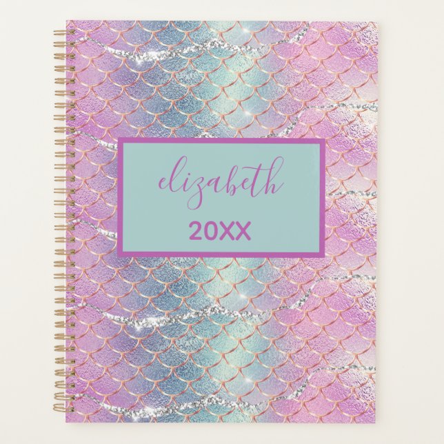 Monogram Pink Blue Silver Glitter Mermaid Scales Planner (Front)