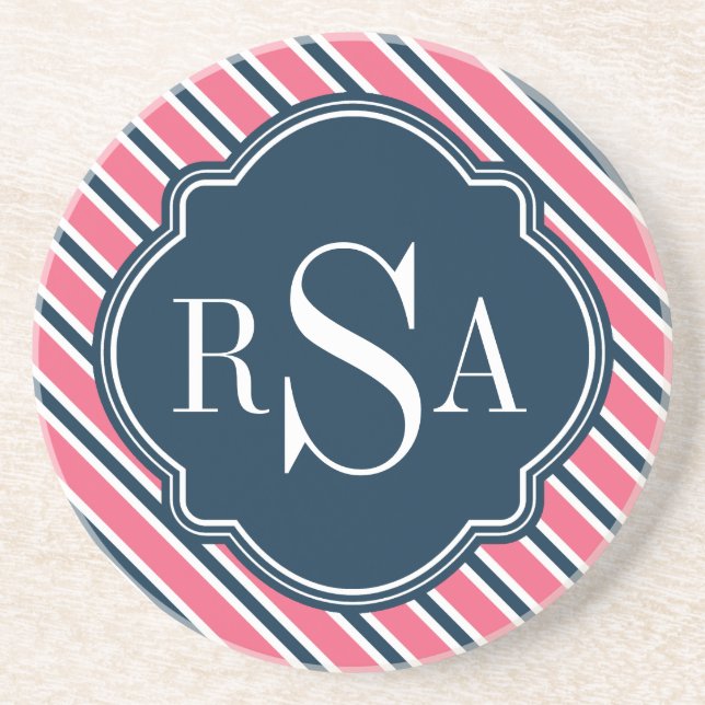 Monogram Pink Blue White Stripe Pattern Coaster (Front)