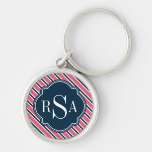 Monogram Pink Blue White Stripe Pattern Key Ring