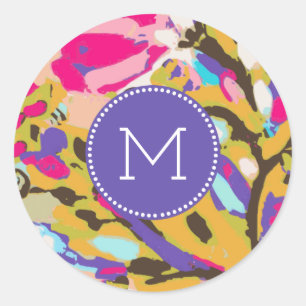 Monogram Pink Boho Floral I Classic Round Sticker