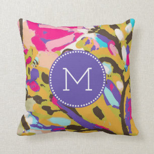 Monogram   Pink Boho Floral I Cushion