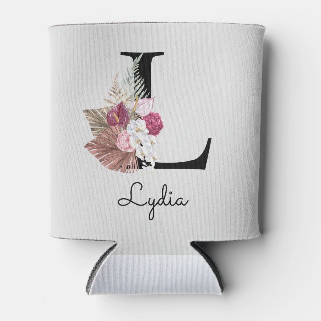 Monogram Pink Boho Floral Initial L Can Cooler (Front)