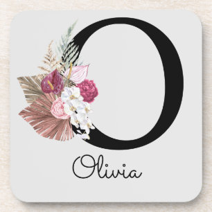 Monogram Pink Boho Floral Initial O Coaster