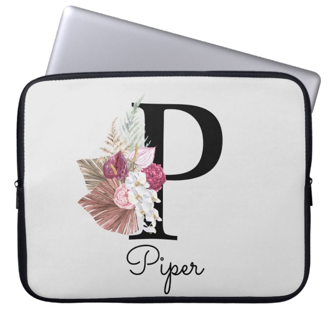 Monogram Pink Boho Floral Initial P Laptop Sleeve (Front)
