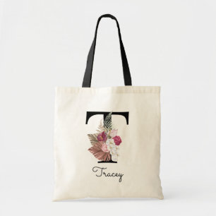 Monogram Pink Boho Floral Initial T Tote Bag
